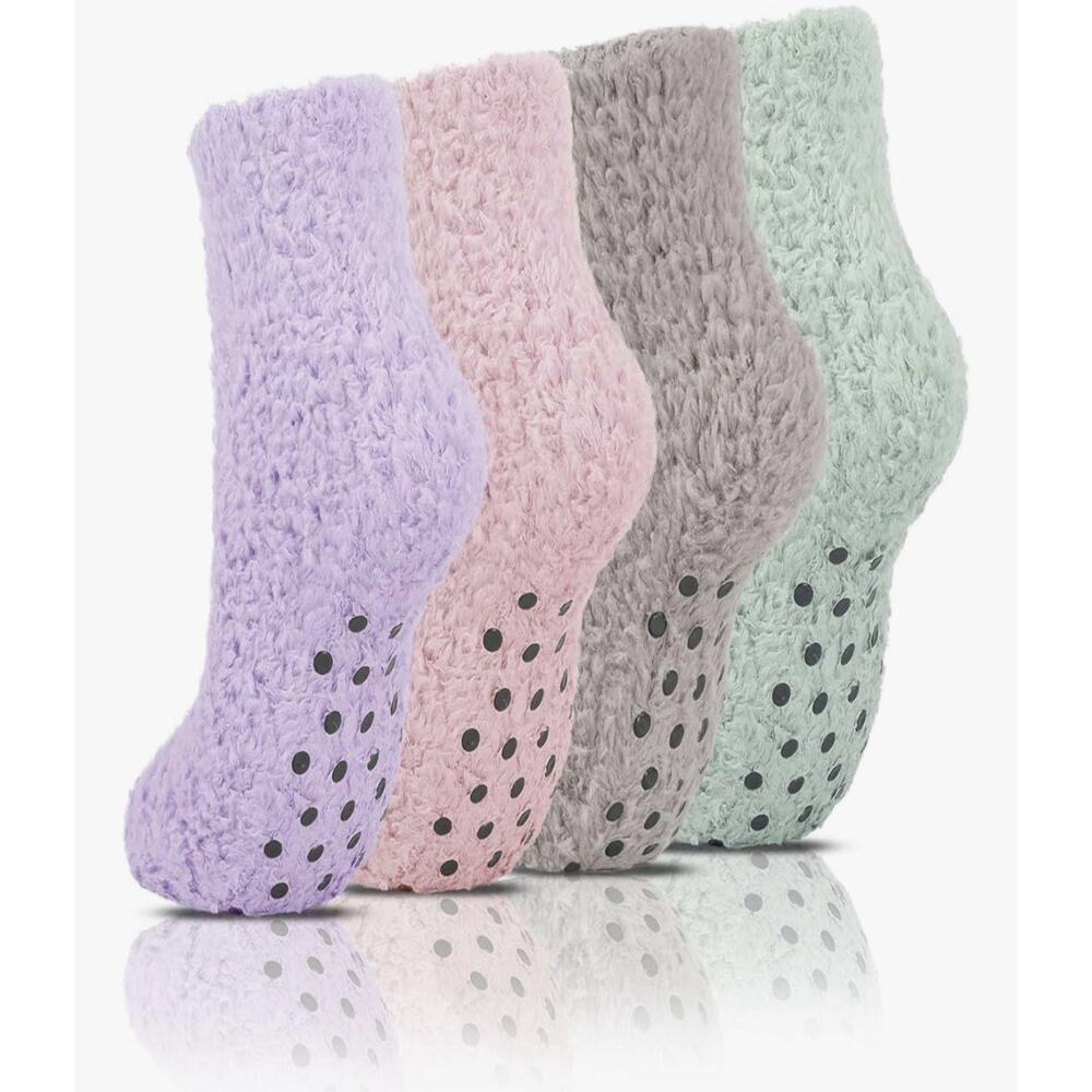 4-pk Non Slip Hospital Socks with Grips for Women Winter Warm Cozy Fuzzy Slipper
